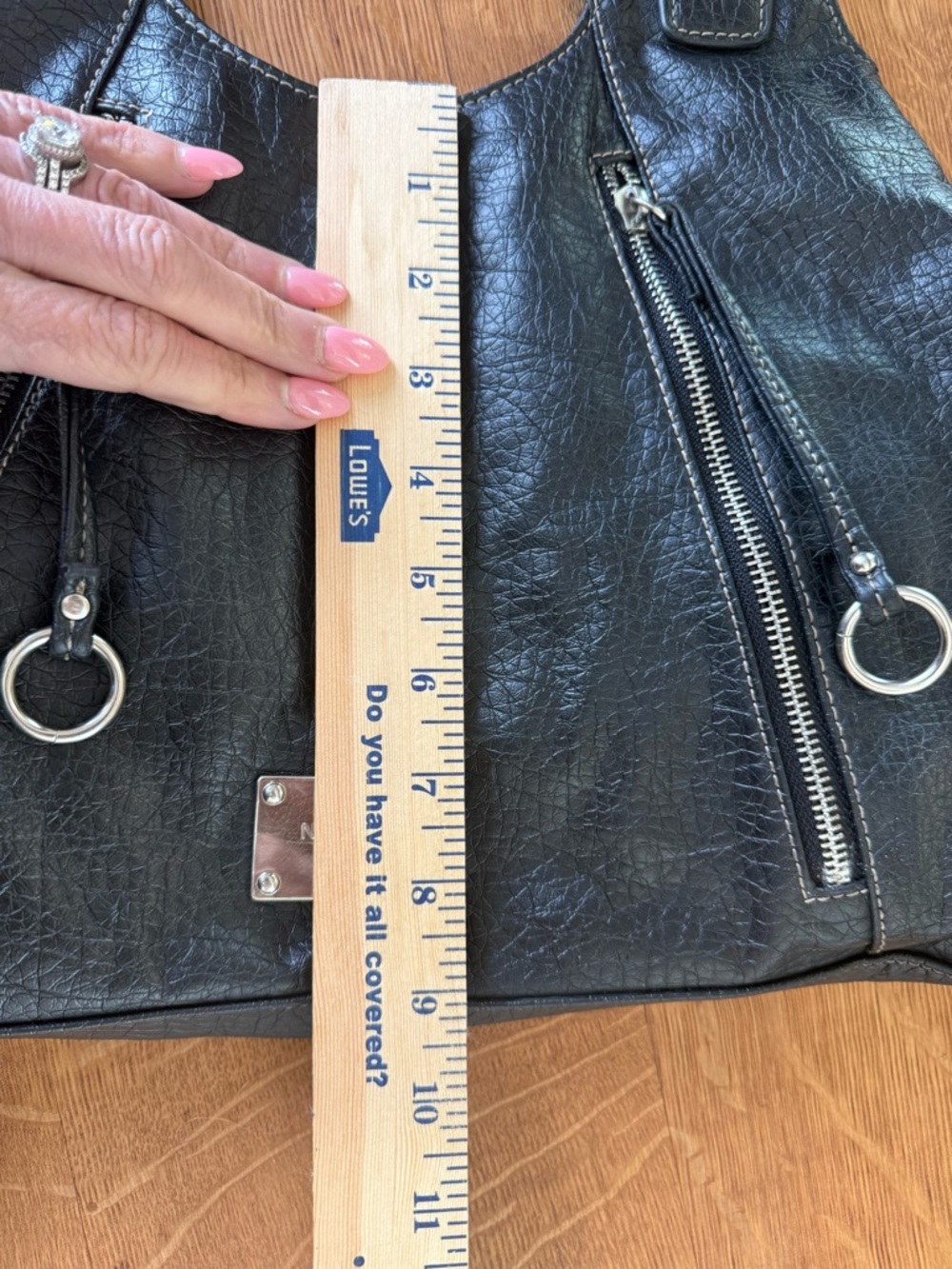 Nine West Black Faux Leather Handbag Zip Details Moto Biker Design - Picture 7 of 10